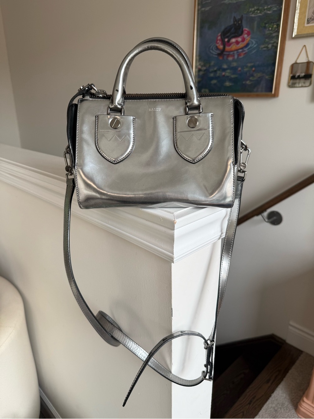 BALLY Silver Metallic Shiny Leather Top Handle Crossbody Satchel